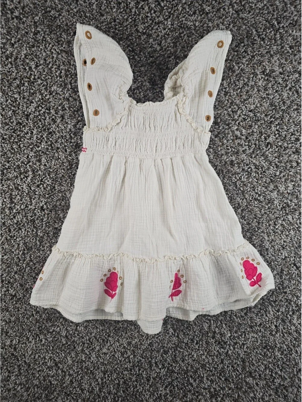 Zara Girls Sz 3T Smocked Short Sleeve Boho Dress White Red Embroidered Floral
